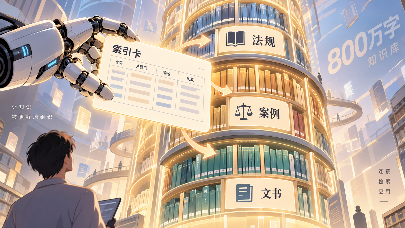 巨大书架与机械手抽索引卡的条漫插图,表达法律知识库的双层索引设计
