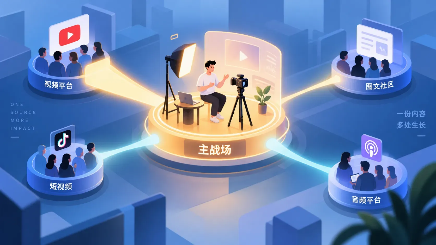 中央舞台向四个看台射出光线的插图，表达一源多用的平台分发策略