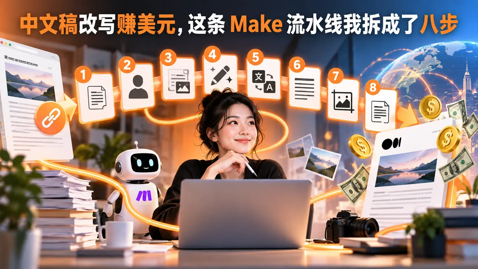中文稿改写赚美元，这条 Make 流水线我拆成了八步