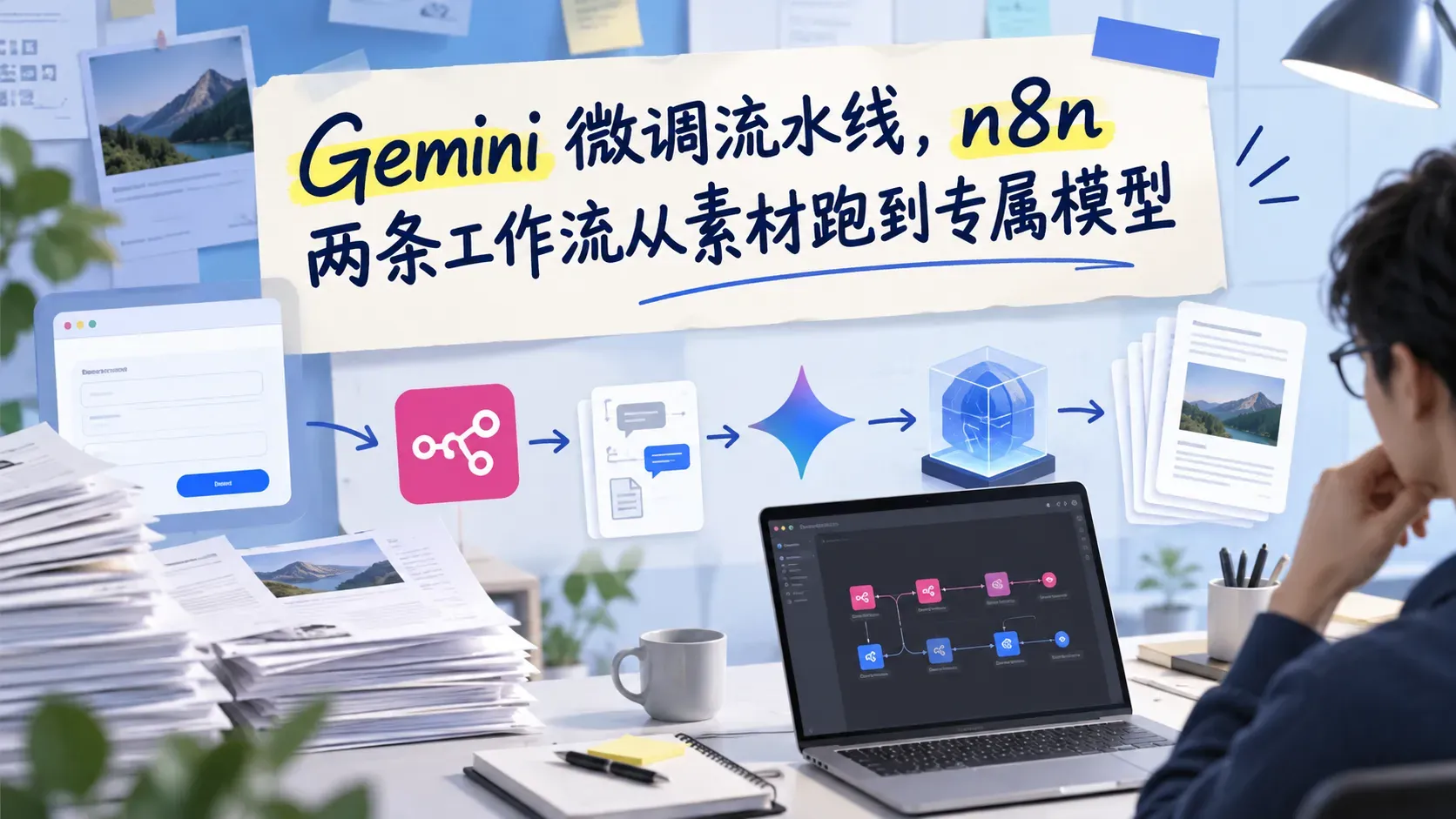 Gemini 微调流水线，n8n 两条工作流从素材跑到专属模型