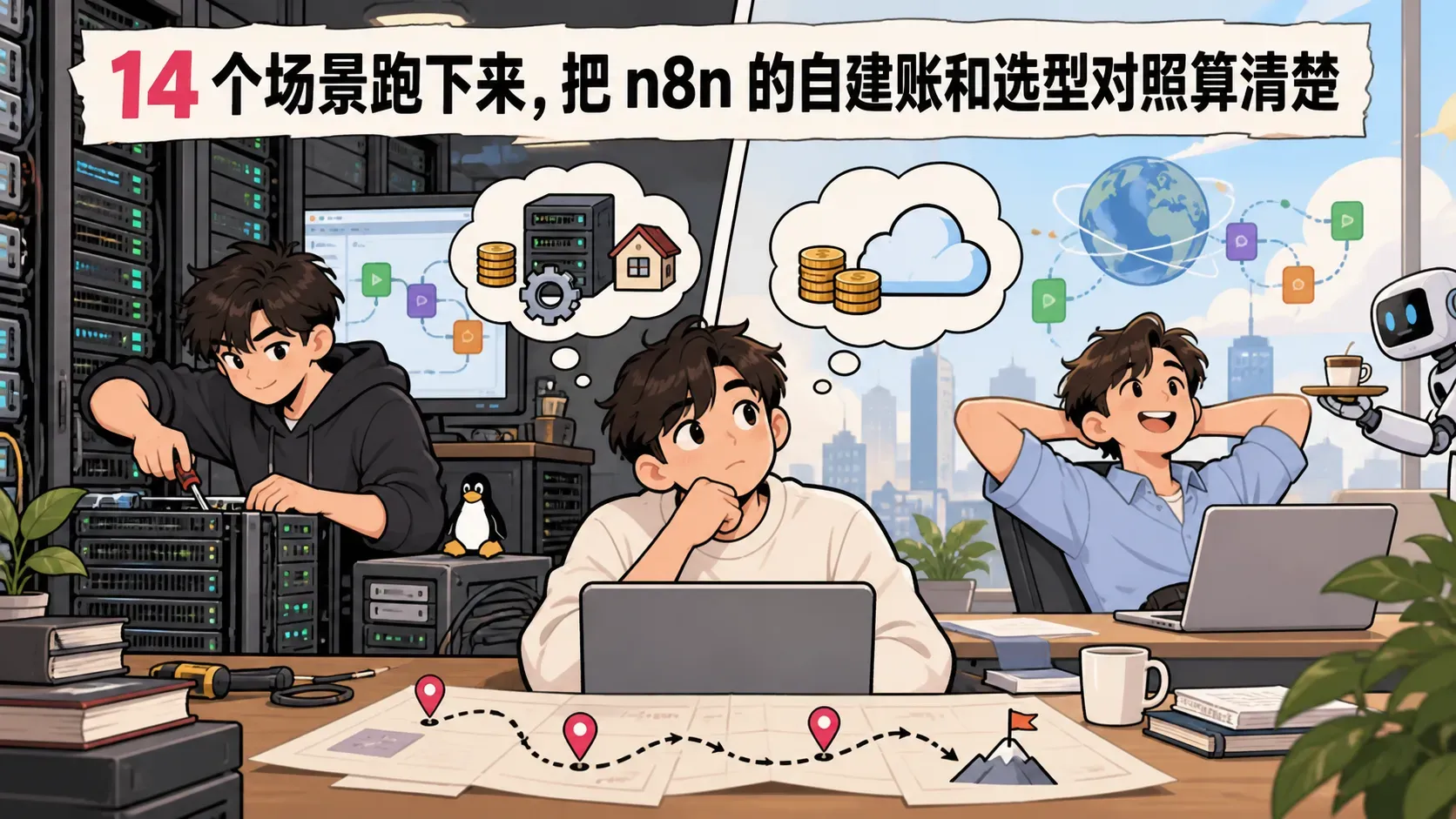 14 个场景跑下来，把 n8n 的自建账和选型对照算清楚