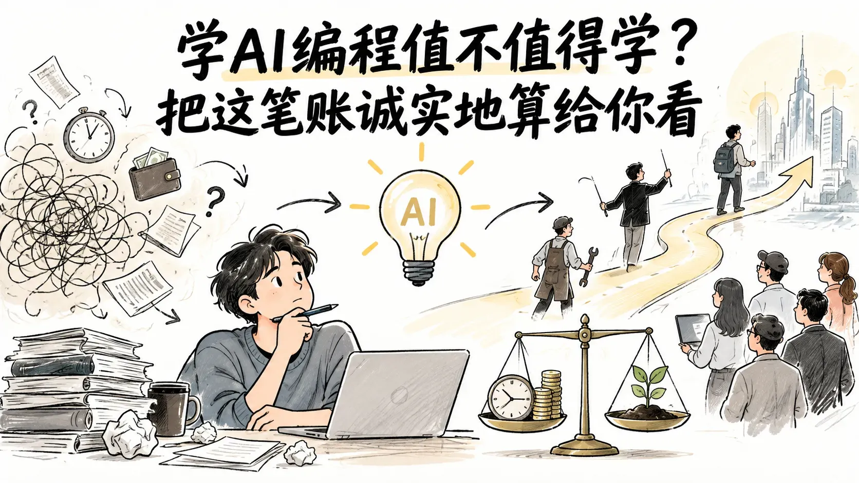学AI编程值不值得学的账本主题素描封面
