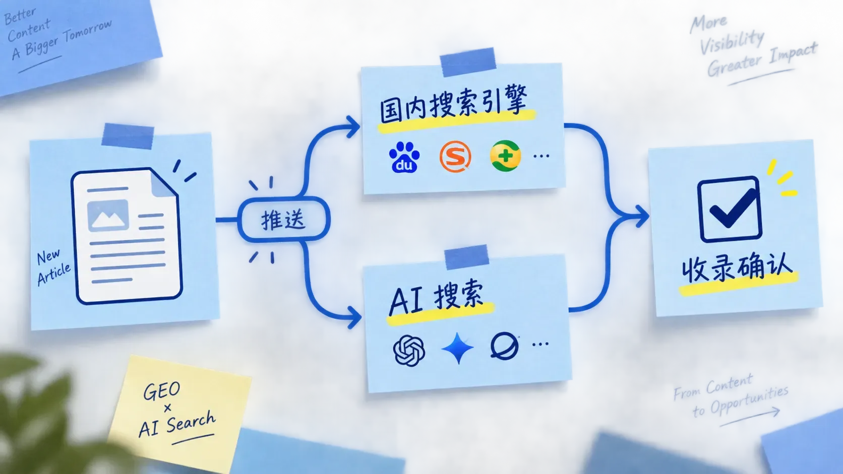 推送管道分出两条收录路径的流程图插图，表达多渠道推送策略
