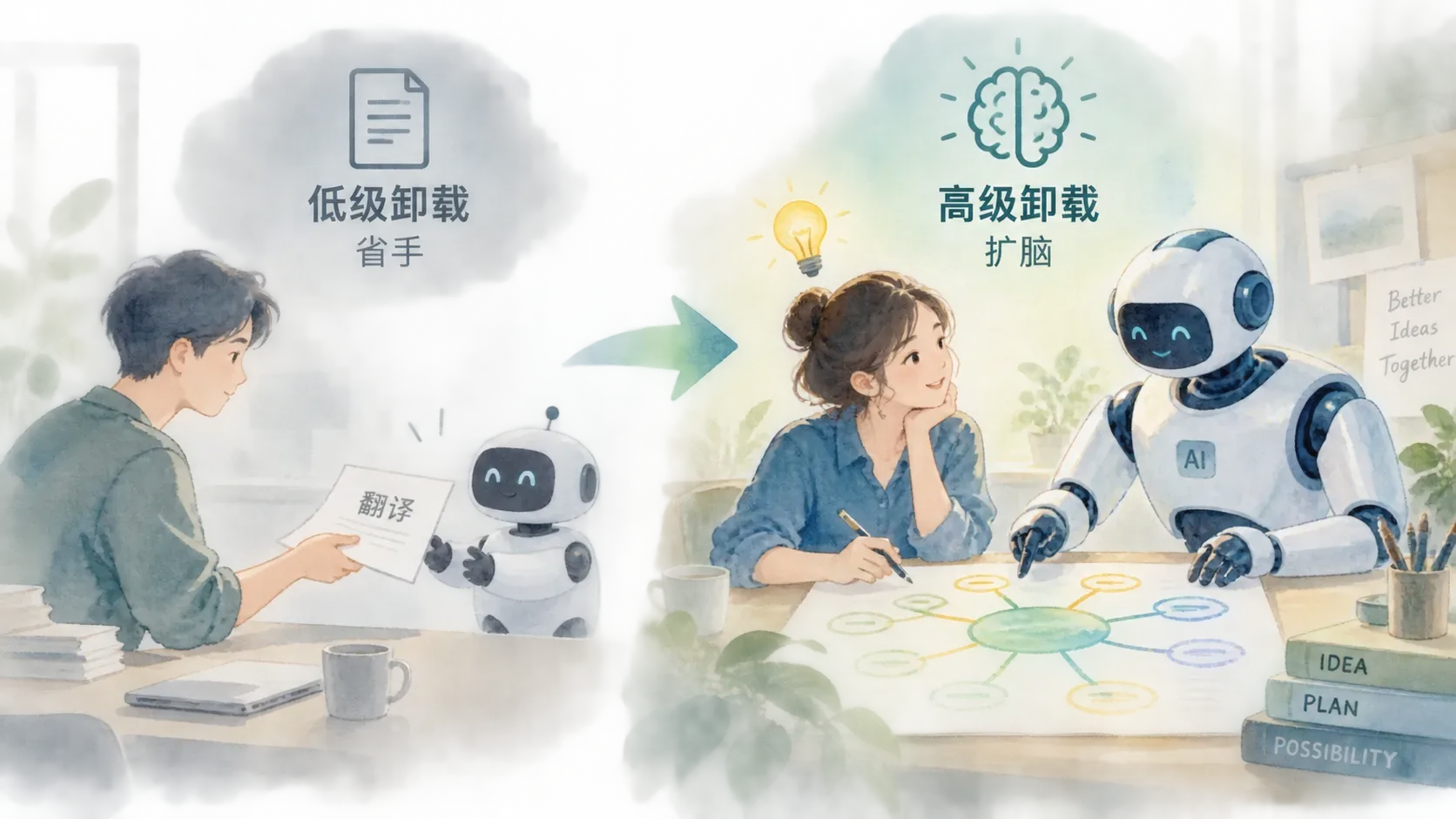 认知卸载高低两档对比的水彩插图，表达省手与扩脑的区别