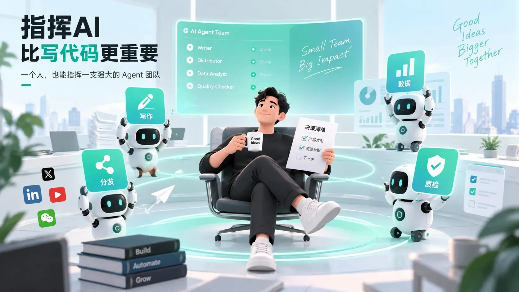 创业者指挥Agent团队的插图,表达一人公司产品创业层