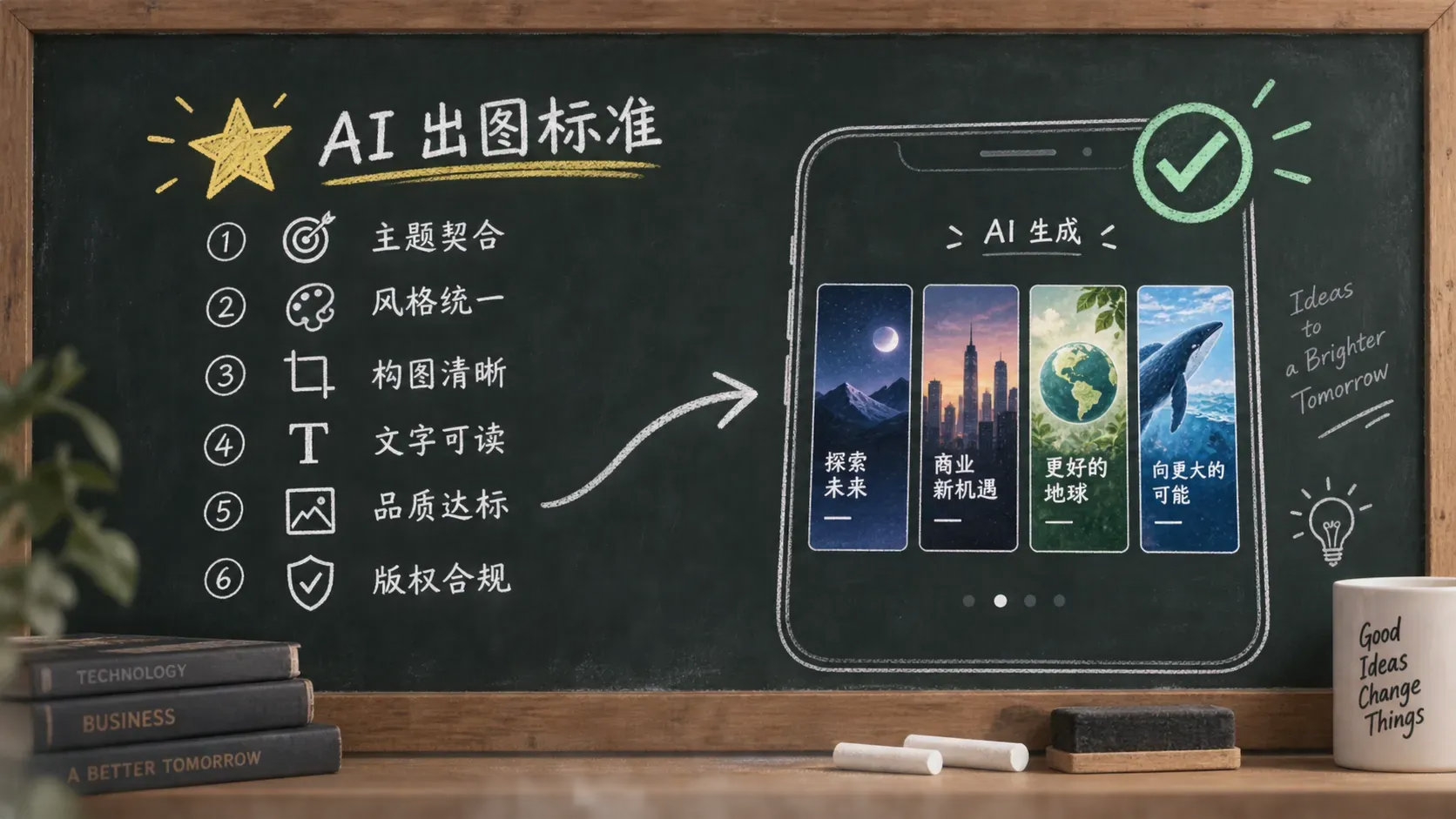黑板上手绘提示词公式与出图验收清单的插画,旁边一部手机排出四张封面变体