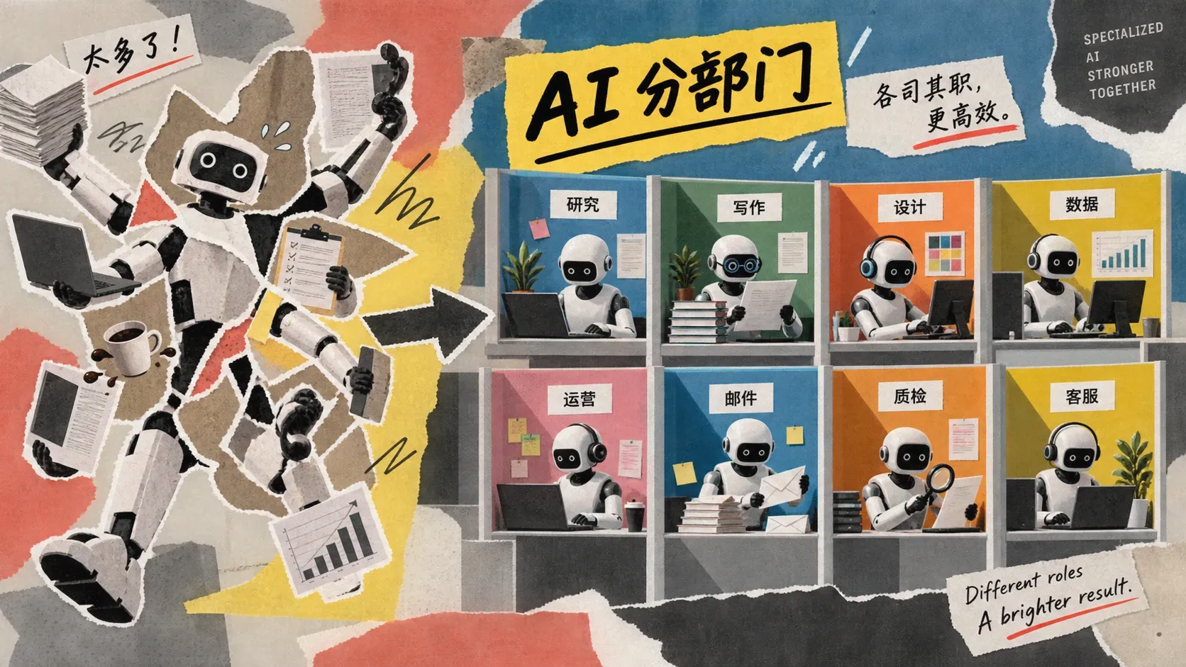 多个机器人各坐一间部门办公室各司其职,对比一个 AI 被十件事拉扯的插图