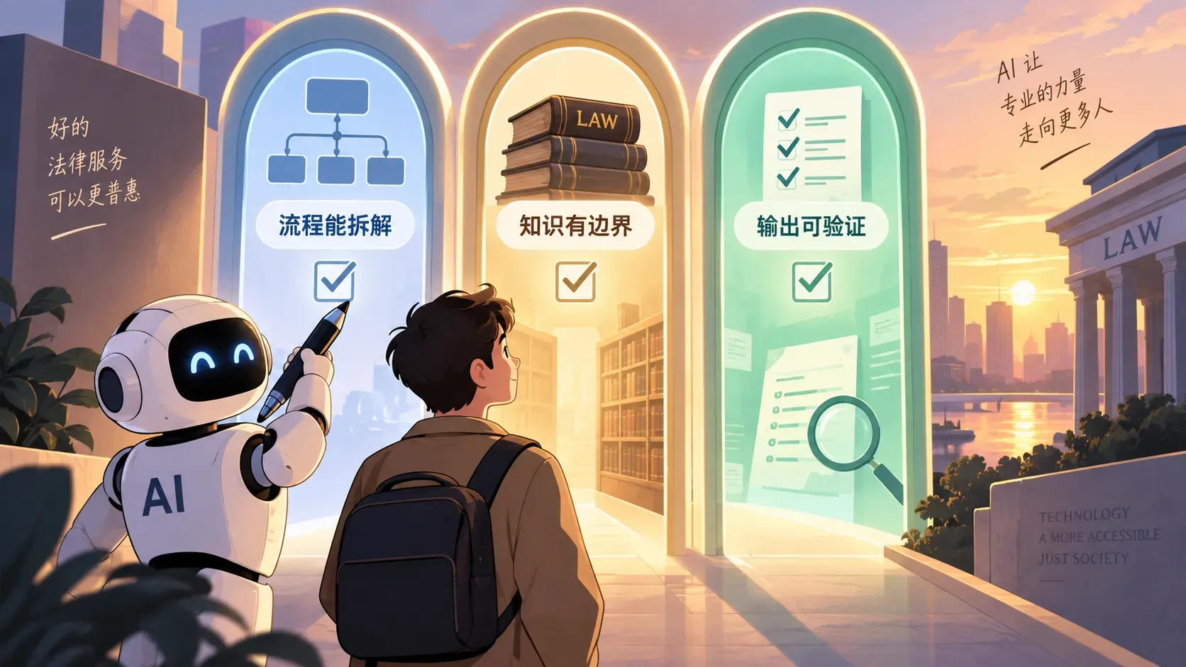机器人与普通人站在三扇发光拱门前的条漫插图,表达AI落地场景三条件判断
