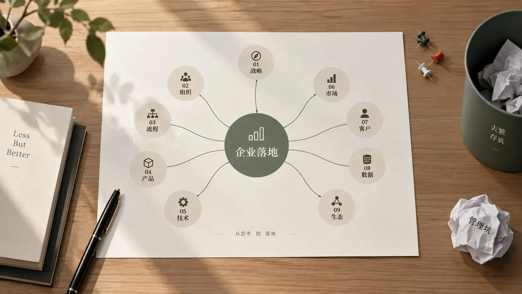 主干流程分出九条支线的俯视插图，表达工作流裂变与管理成本