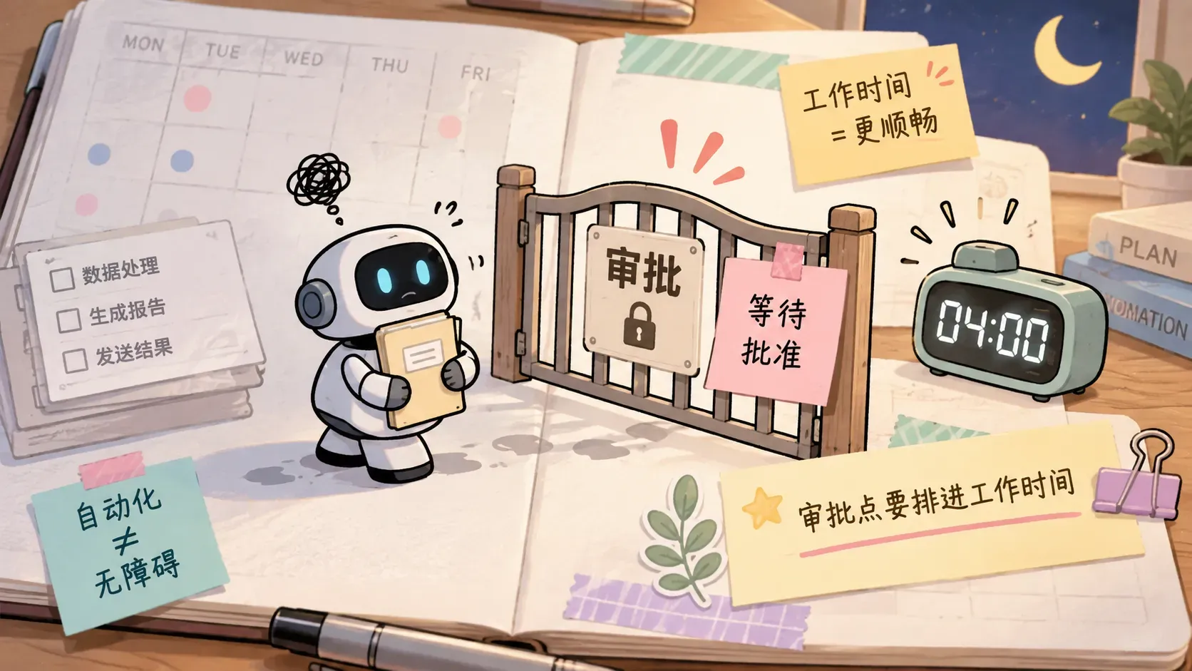 小机器人被栅栏门拦住等待批准的手帐插图,表达无人值守任务卡在审批