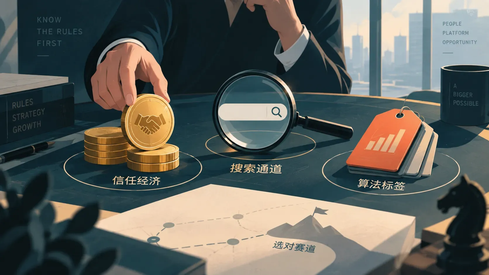 摆着信任硬币、放大镜与标签卡片的牌桌插画,表达小红书平台的三条底层规矩