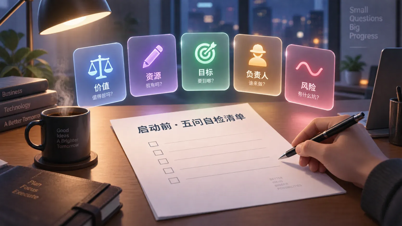 五张问题便签卡悬浮在书桌清单上方的插图,表达启动AI项目前的五问自检