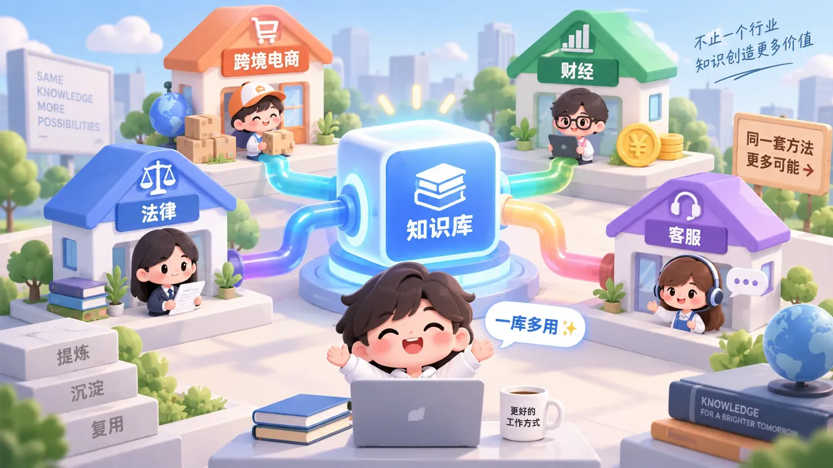 Q版插画，一个知识库核心通过管道连接多个行业场景小屋，表达方法可复制