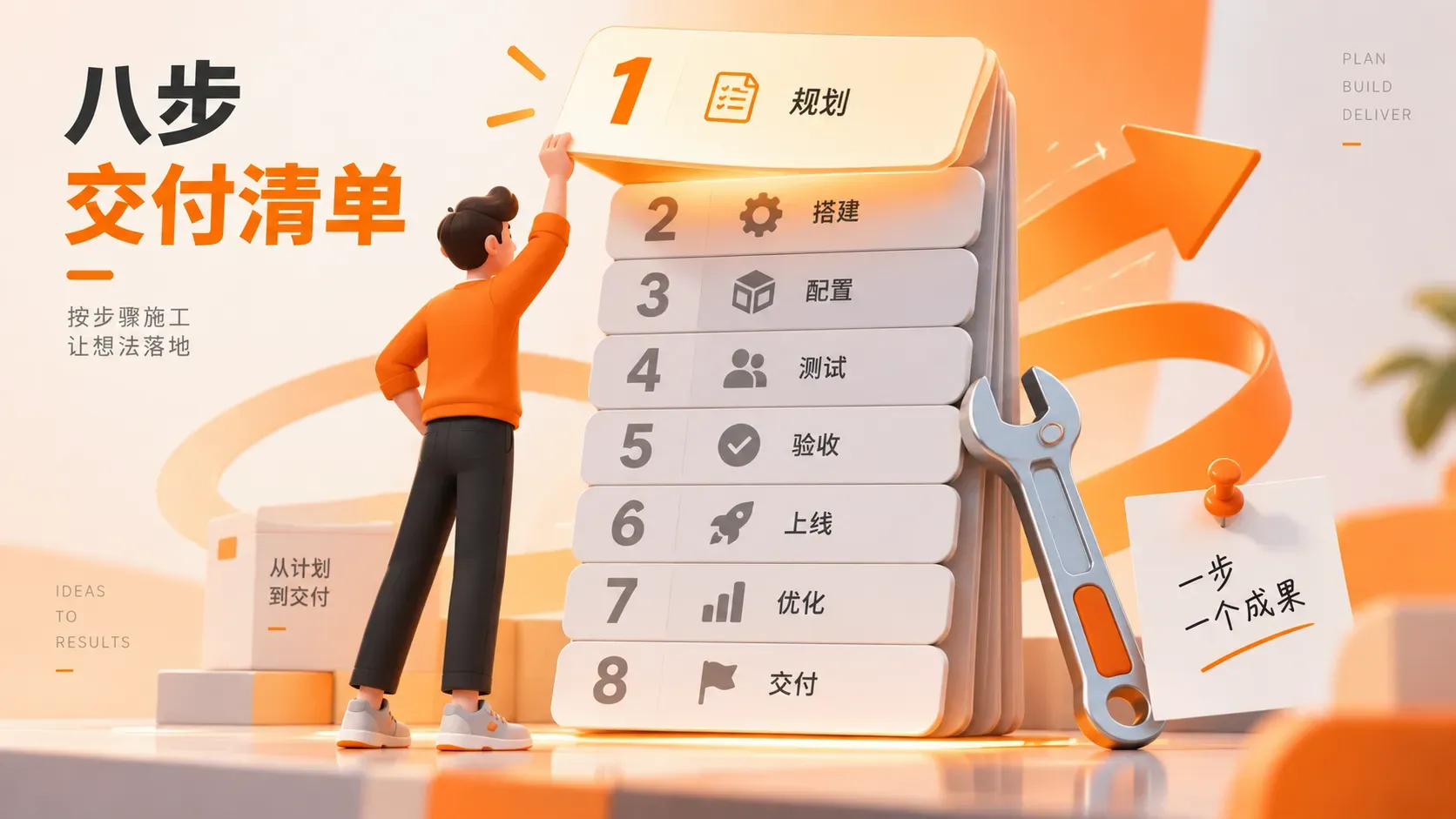 八步交付清单的编号卡片与施工工具插图