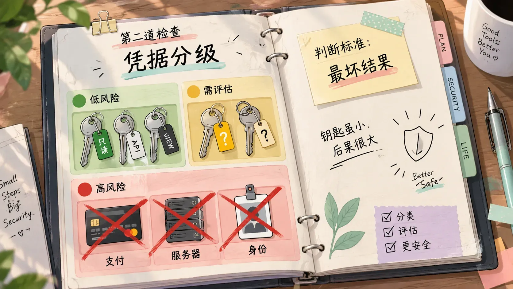 钥匙按危险等级分格收纳的手帐插图,表达Agent凭据分级原则