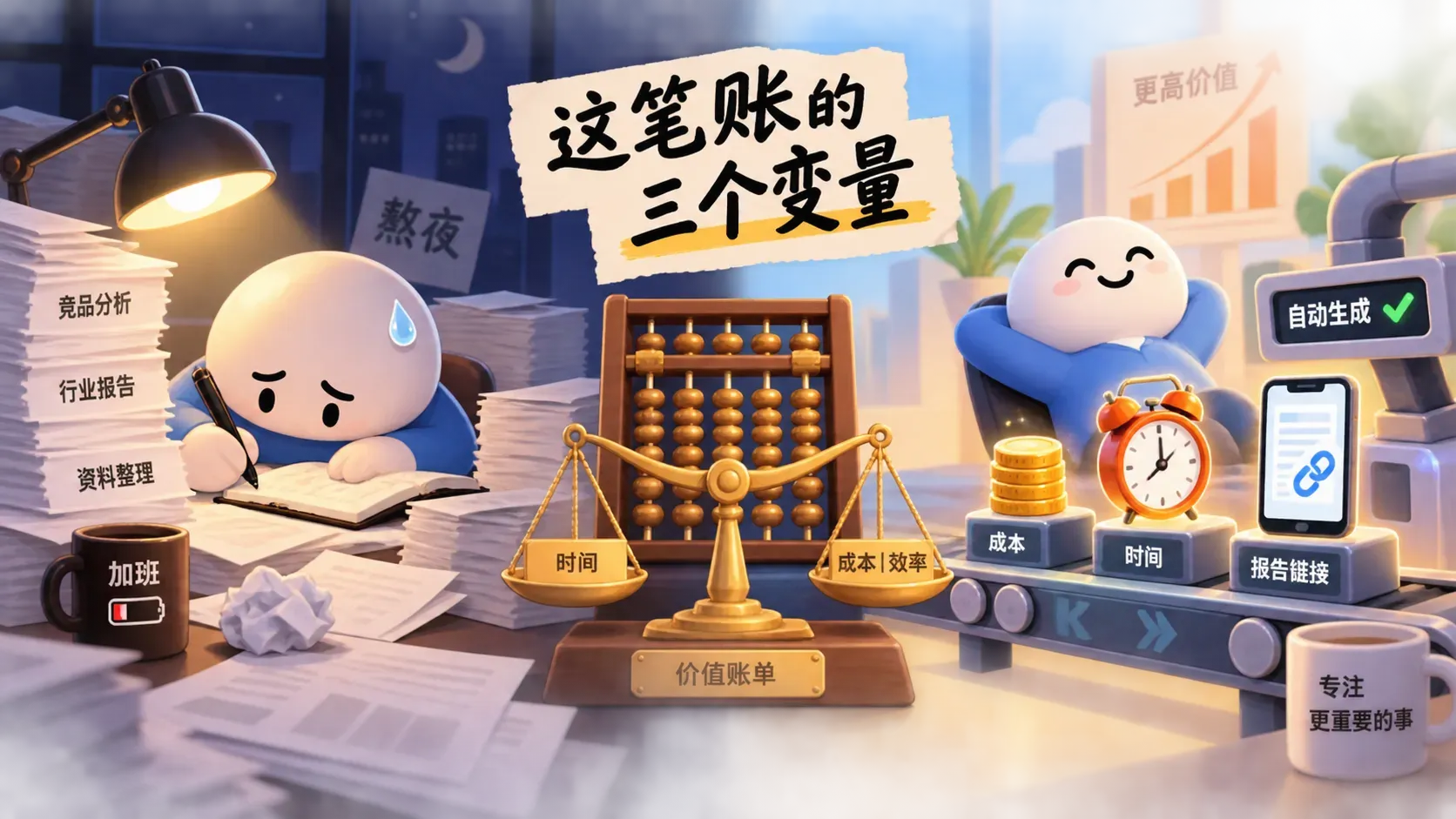 人工熬夜记笔记与流水线自动出报告的左右对比插画,中间算盘天平压着三个成本变量