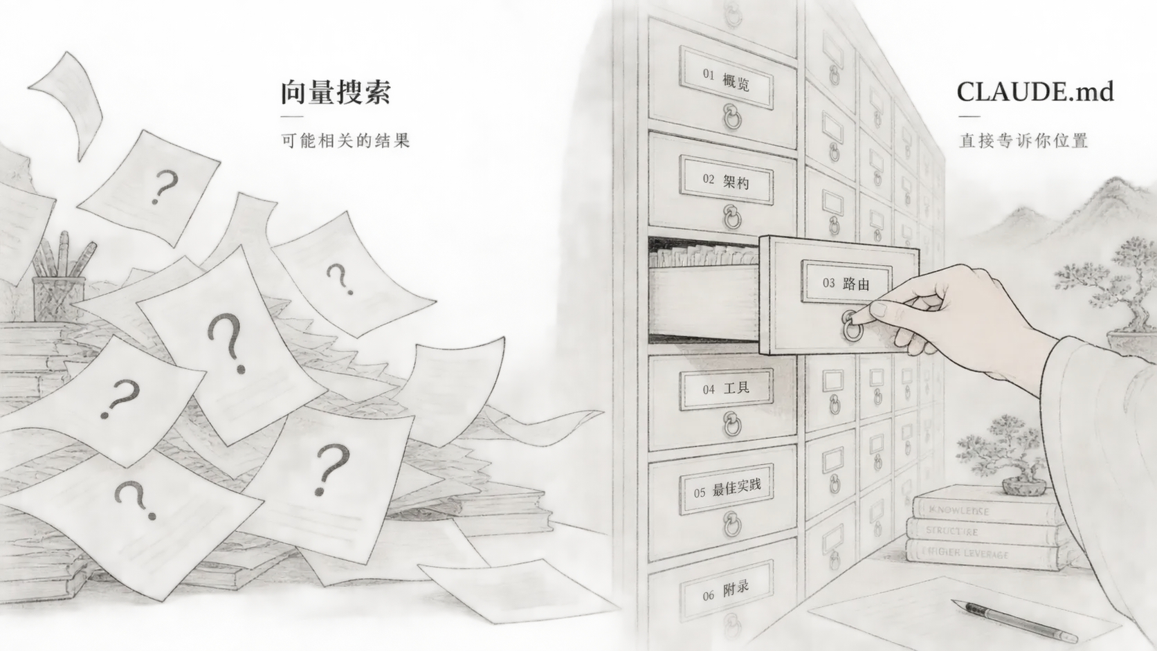散乱纸张与整齐抽屉柜对比的白描插图,表达向量检索与路由直达的区别