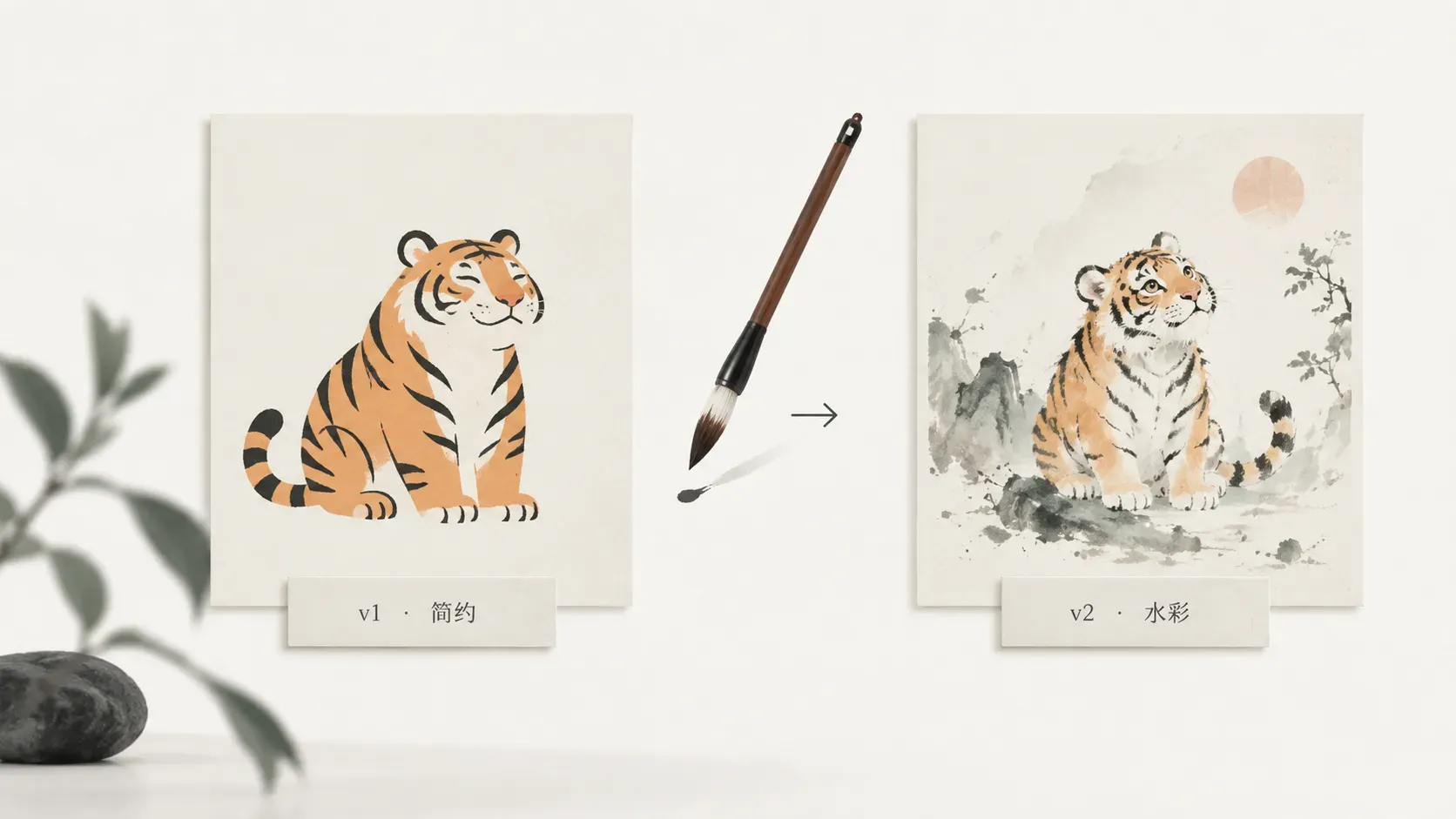 双画框两种画风对比的日式极简插图，表达换参数即换画风