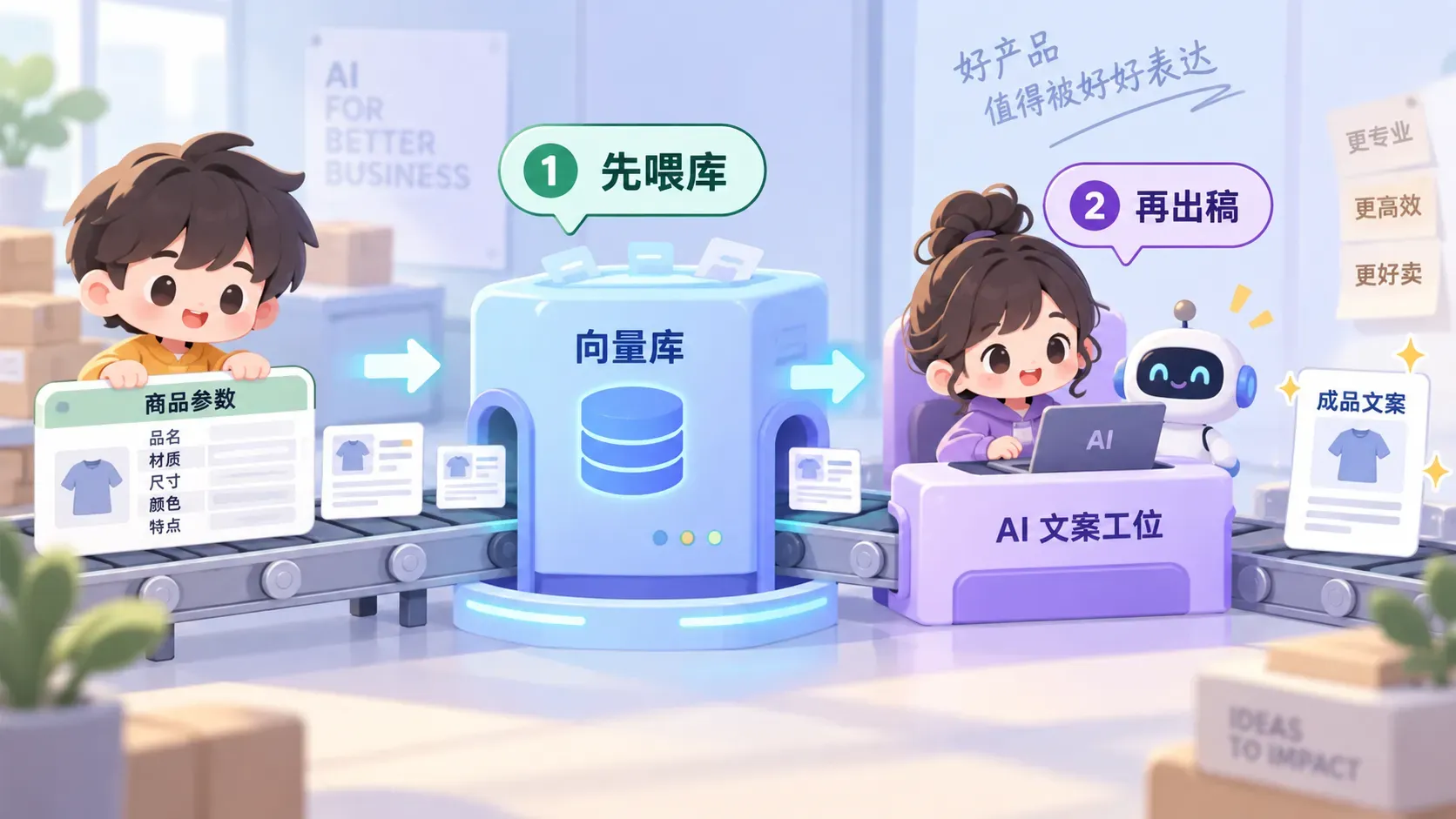 Q版双段流水线插画，商品参数从表格流入向量数据库，再流向文案生成工位