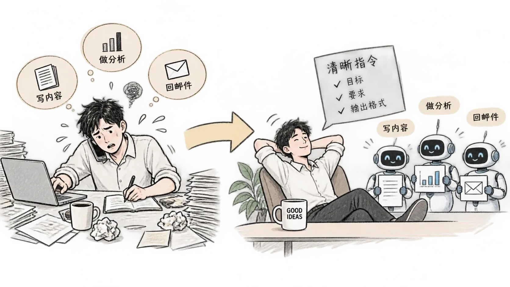 亲力亲为与指挥机器人的分屏素描插图，表达身份切换到指挥者