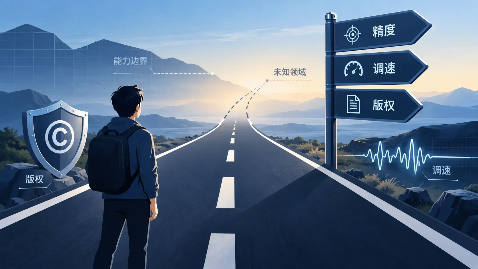延伸向虚线的公路与路旁盾牌声波图标的图解插图，表达流水线的能力边界