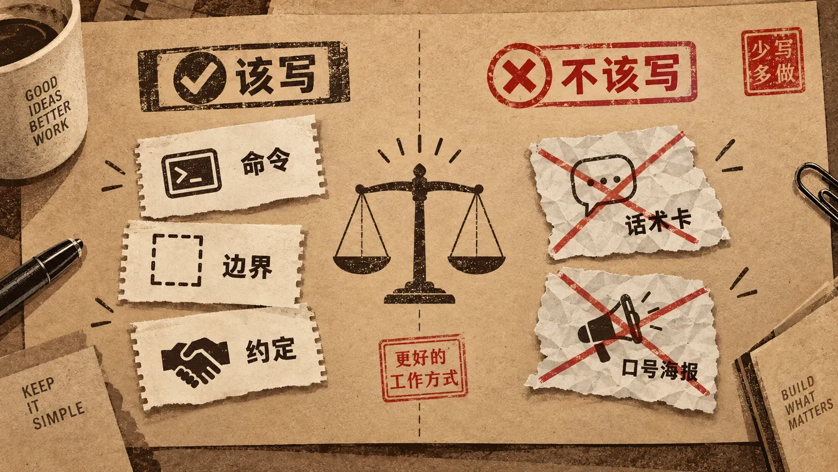 该写与不该写对照的检验表插图，表达CLAUDE.md的内容边界