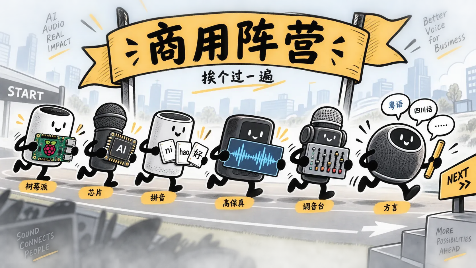 手绘插画，六支音箱麦克风小队排成接力队形，各持树莓派、芯片、调音台等道具，代表六个可商用的开源语音模型