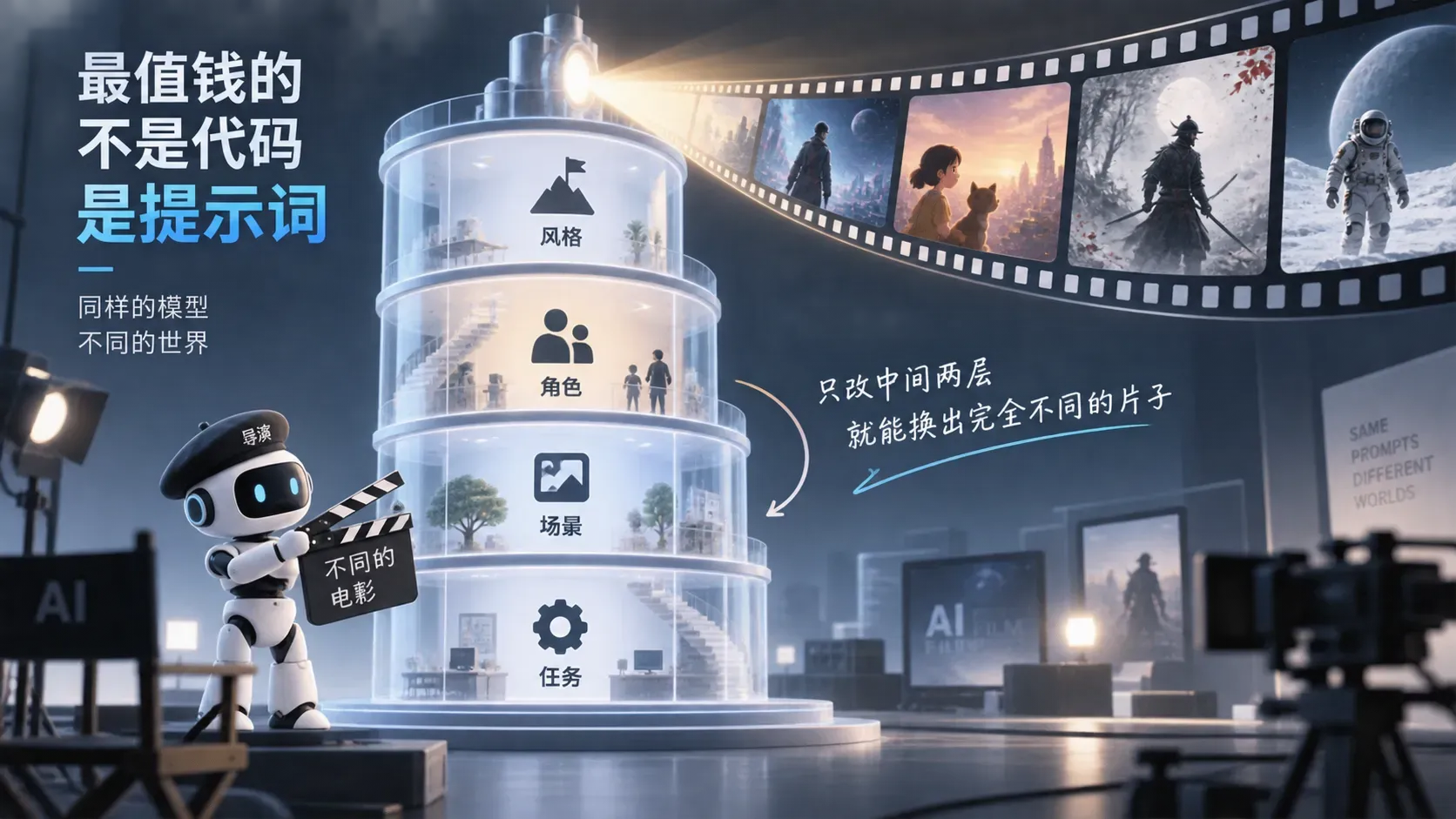 四层导演提示词玻璃塔图解与机器人场记板的插图，表达提示词比代码值钱