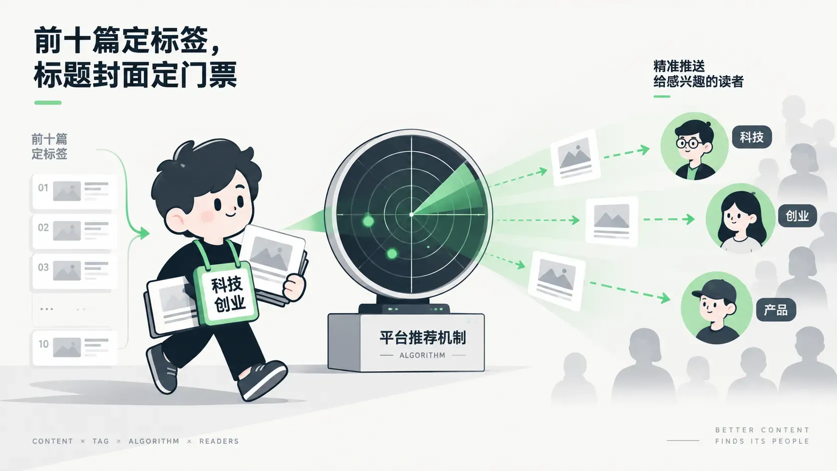 Q版插画，账号角色挂着行业标签牌，平台雷达把内容精准推送给感兴趣的读者