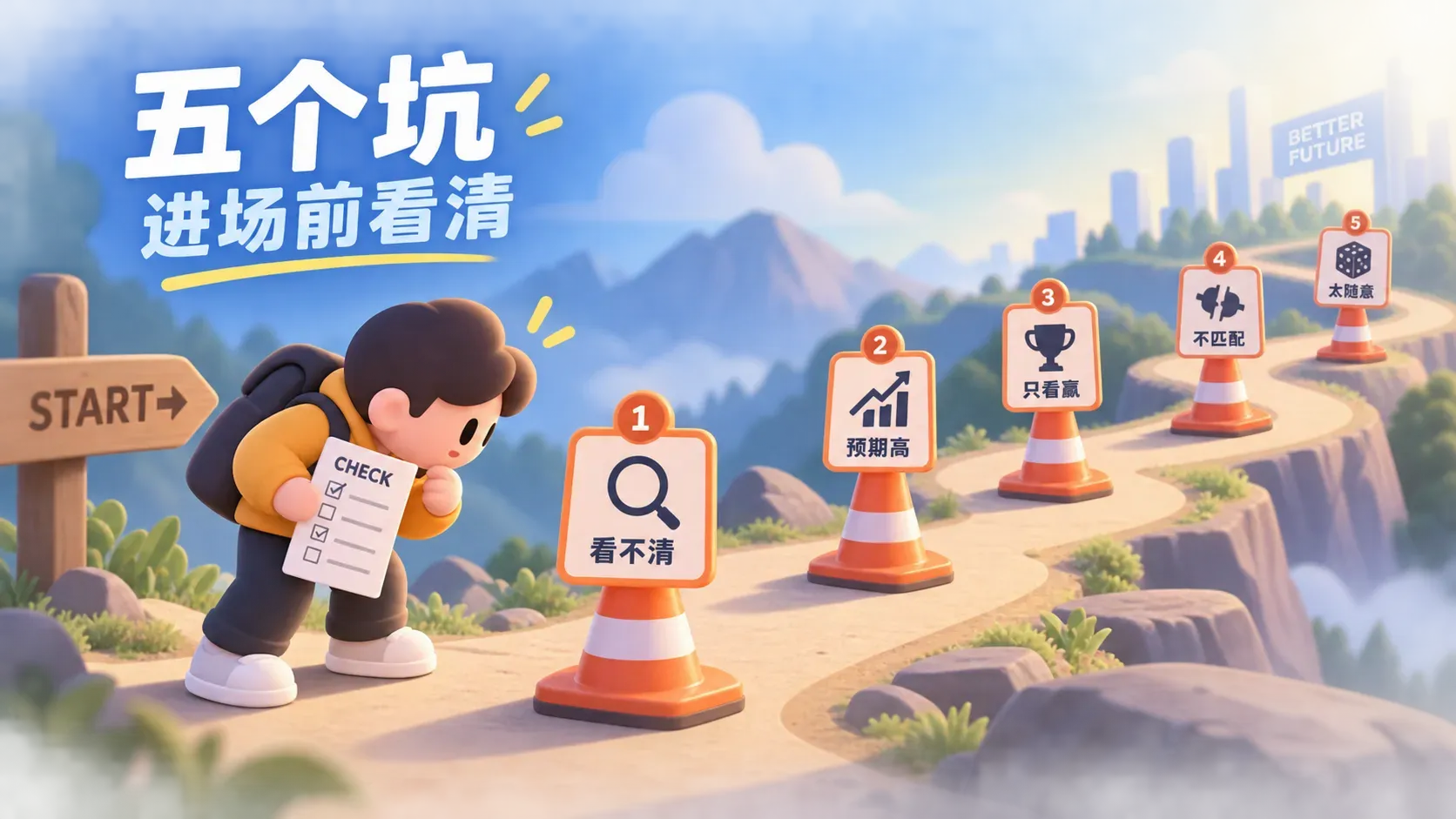 小路上摆着五个警示路障的插画,提醒进场前看清五个坑