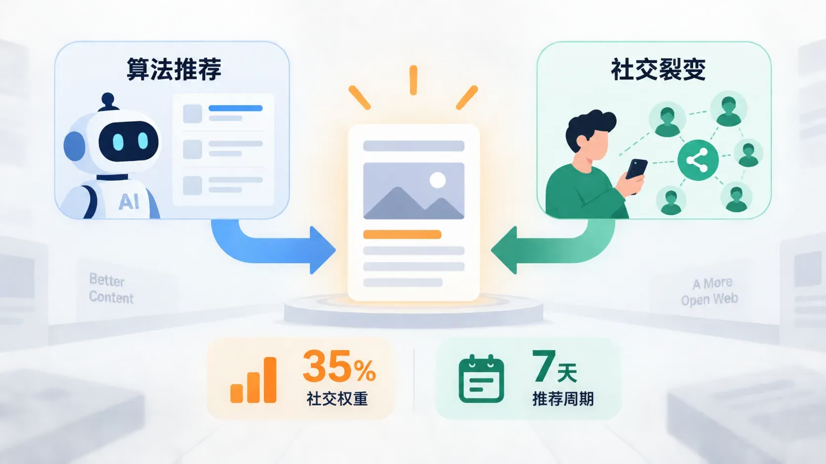 公众号推荐双引擎示意图：算法推荐与社交裂变两个方块汇流驱动文章推荐，社交关系权重约占35%