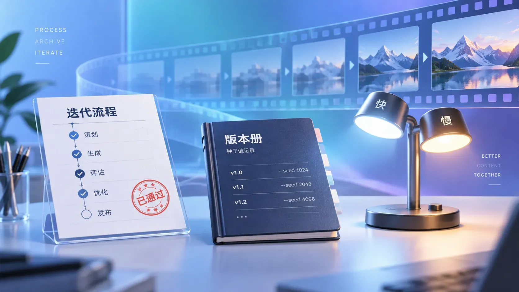 迭代流程表、种子值版本册与快慢档台灯的插图，表达提示词质量管理三动作