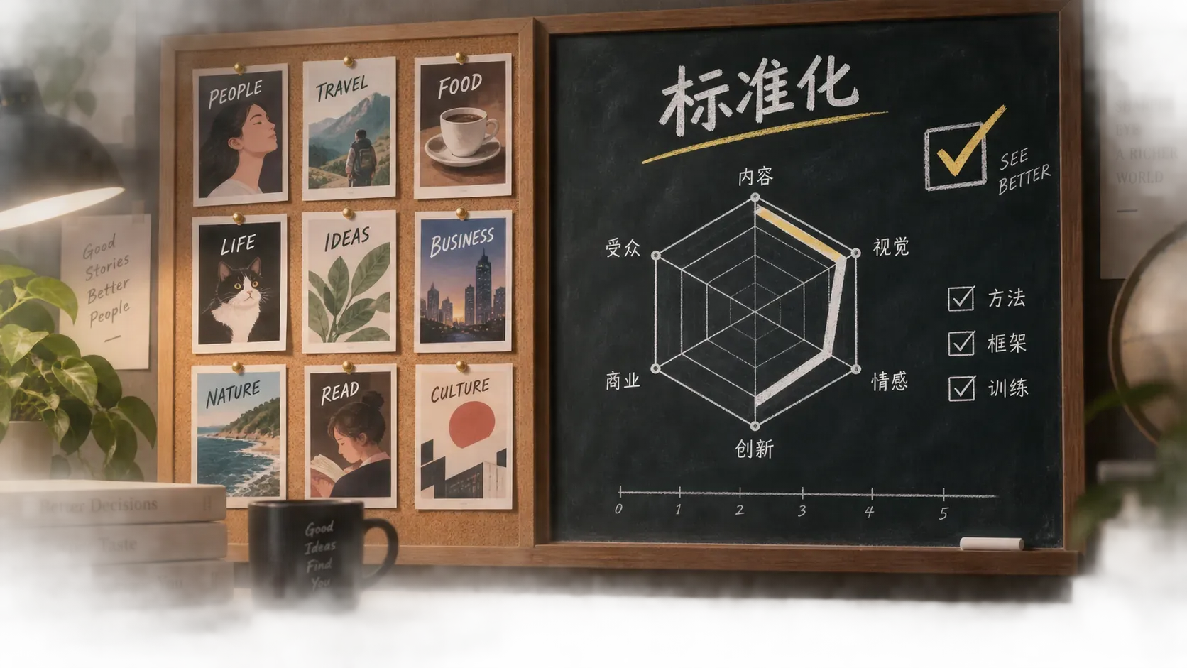 软木板上钉满封面截图、黑板画着六维雷达图的插画,表达拆封面练眼光