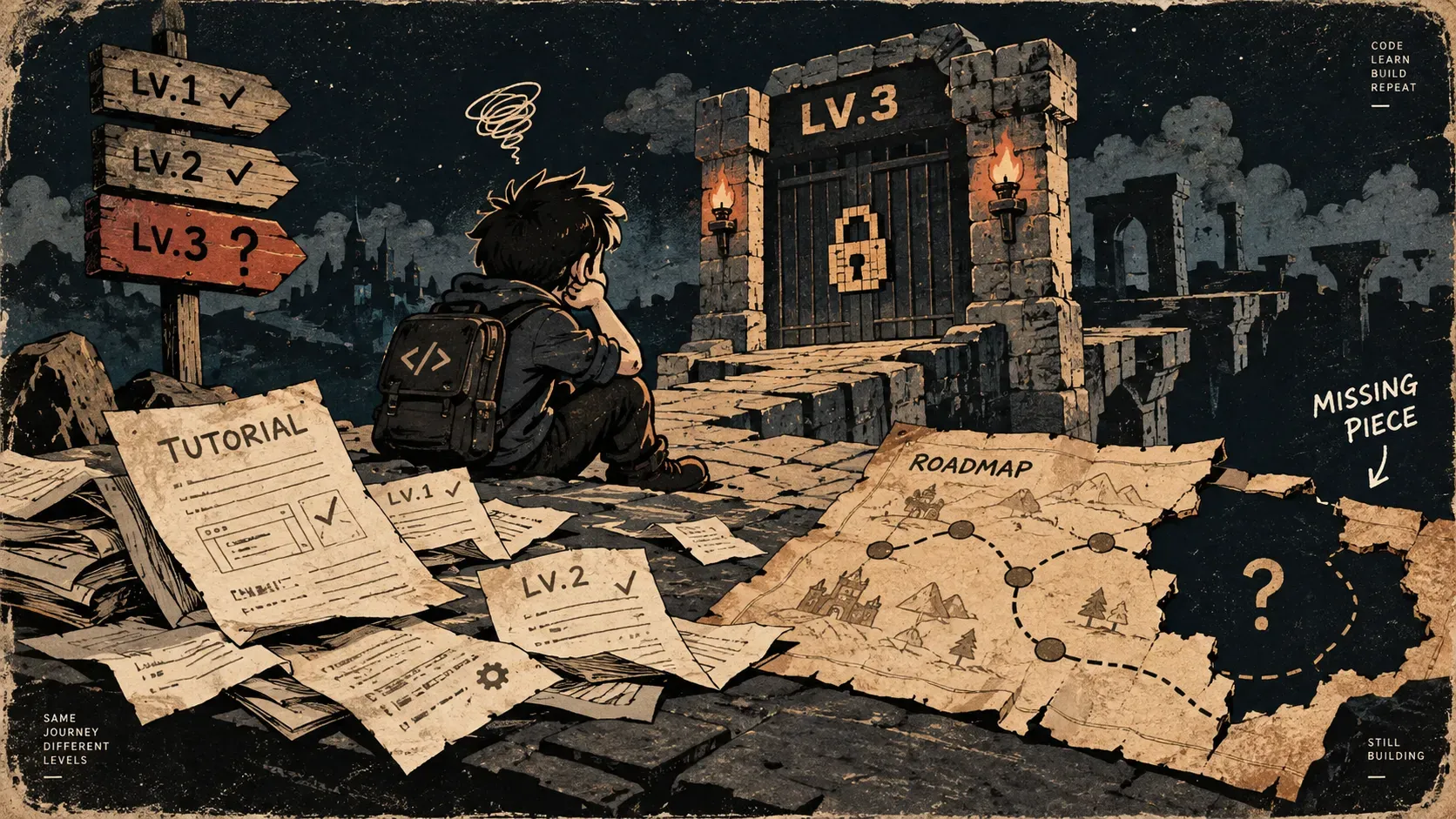 散落的教程书页拼不成完整地图，自学之路在第三关卡断档的插图