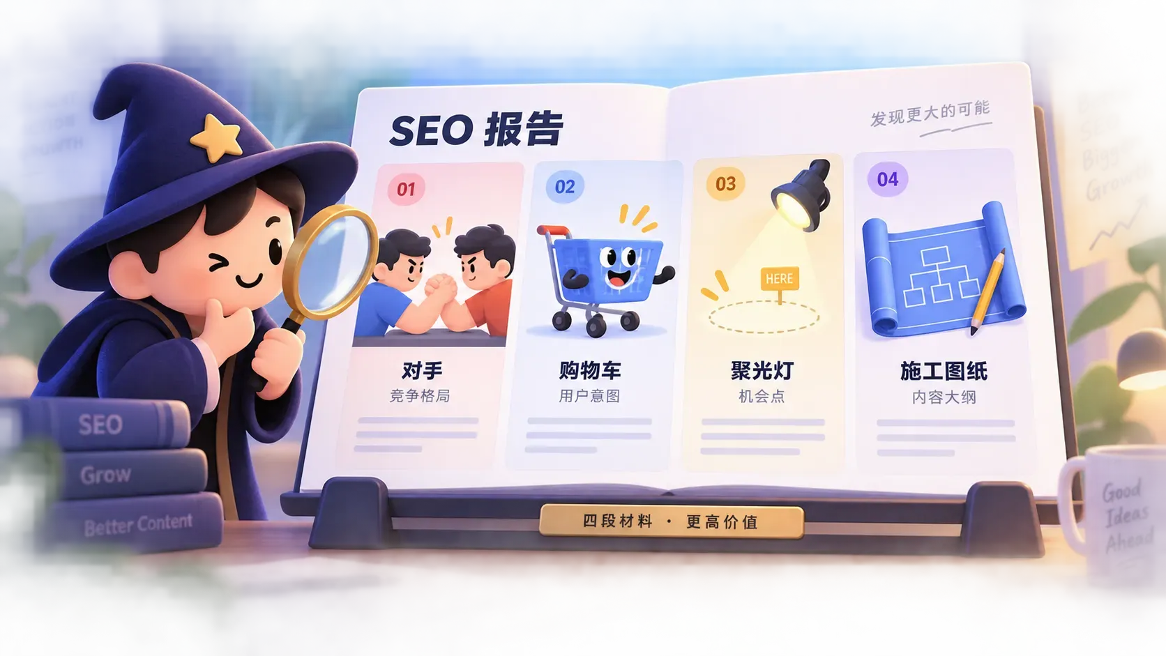 一份 SEO 报告展开成四栏材料架的插画,对应竞争格局、用户意图、机会点与内容大纲