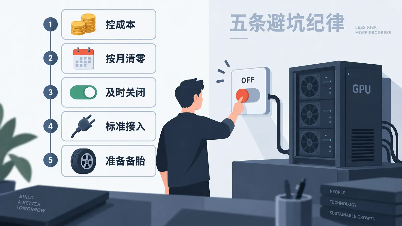 ComfyUI 云平台避坑清单插画，五块带硬币、日历、开关、插头与备胎图标的告示牌串成一面清单墙