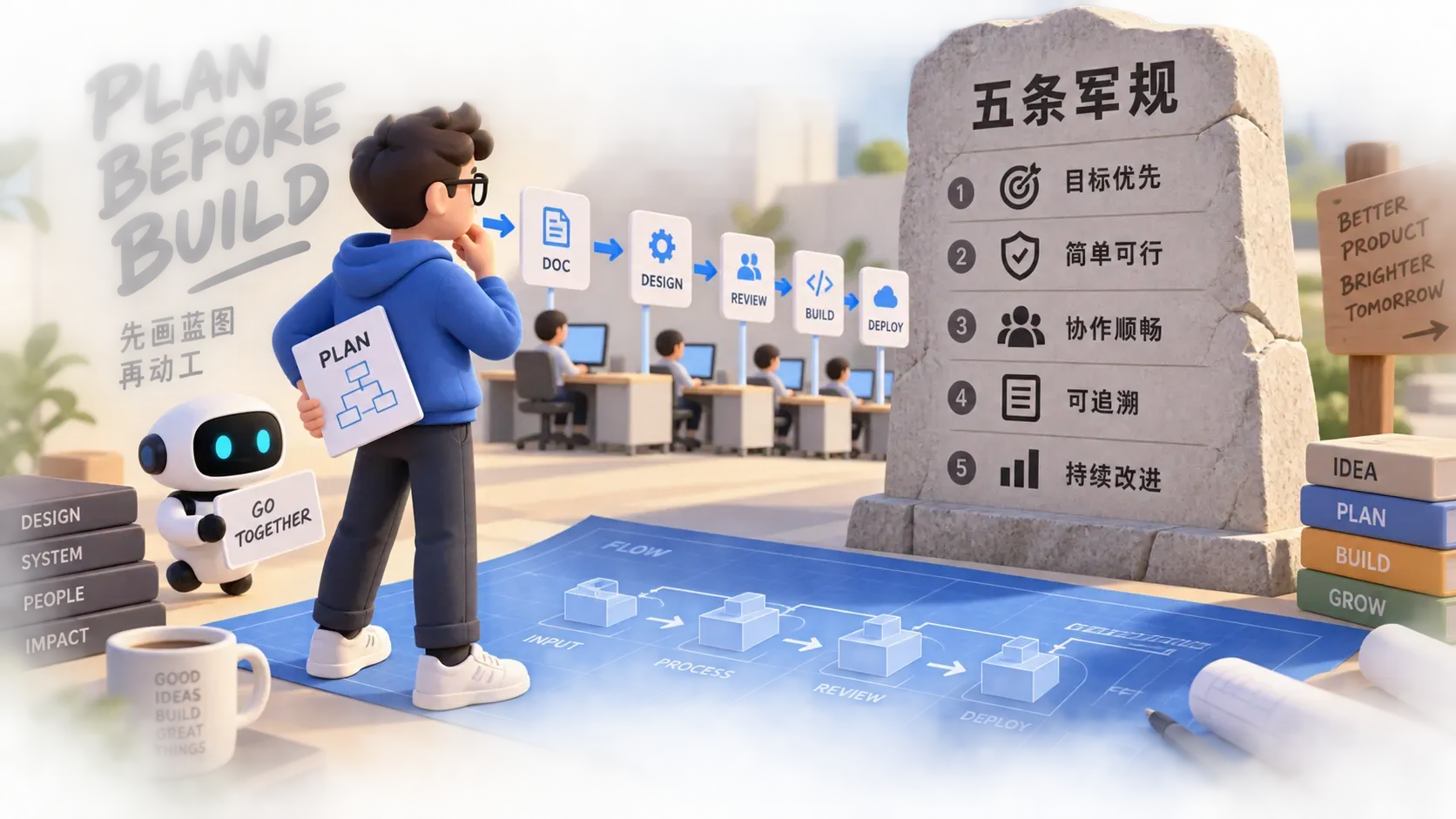 3D插画，工程师在五条规则石碑前检查文件流转与流水线蓝图