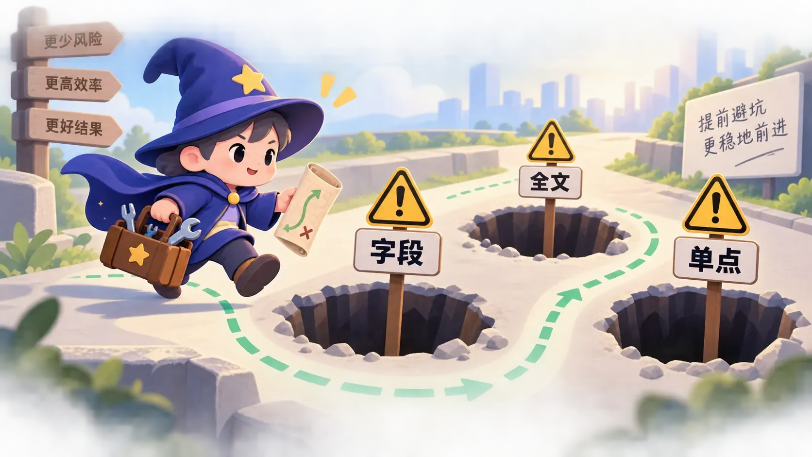 Q版插画，角色绕开三个立着警示牌的坑洞，表达自动化工作流的三个常见坑