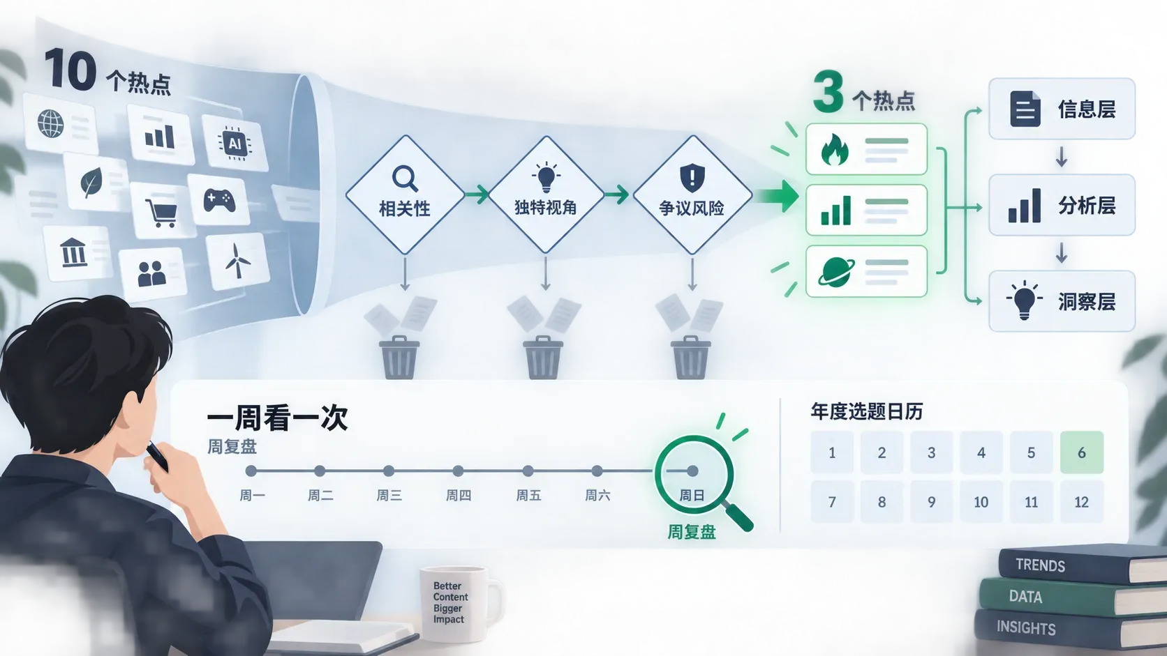 热点筛选与数据复盘流程图：十个热点经三道判断筛出三个，按信息、分析、洞察三层追进，每周集中复盘一次