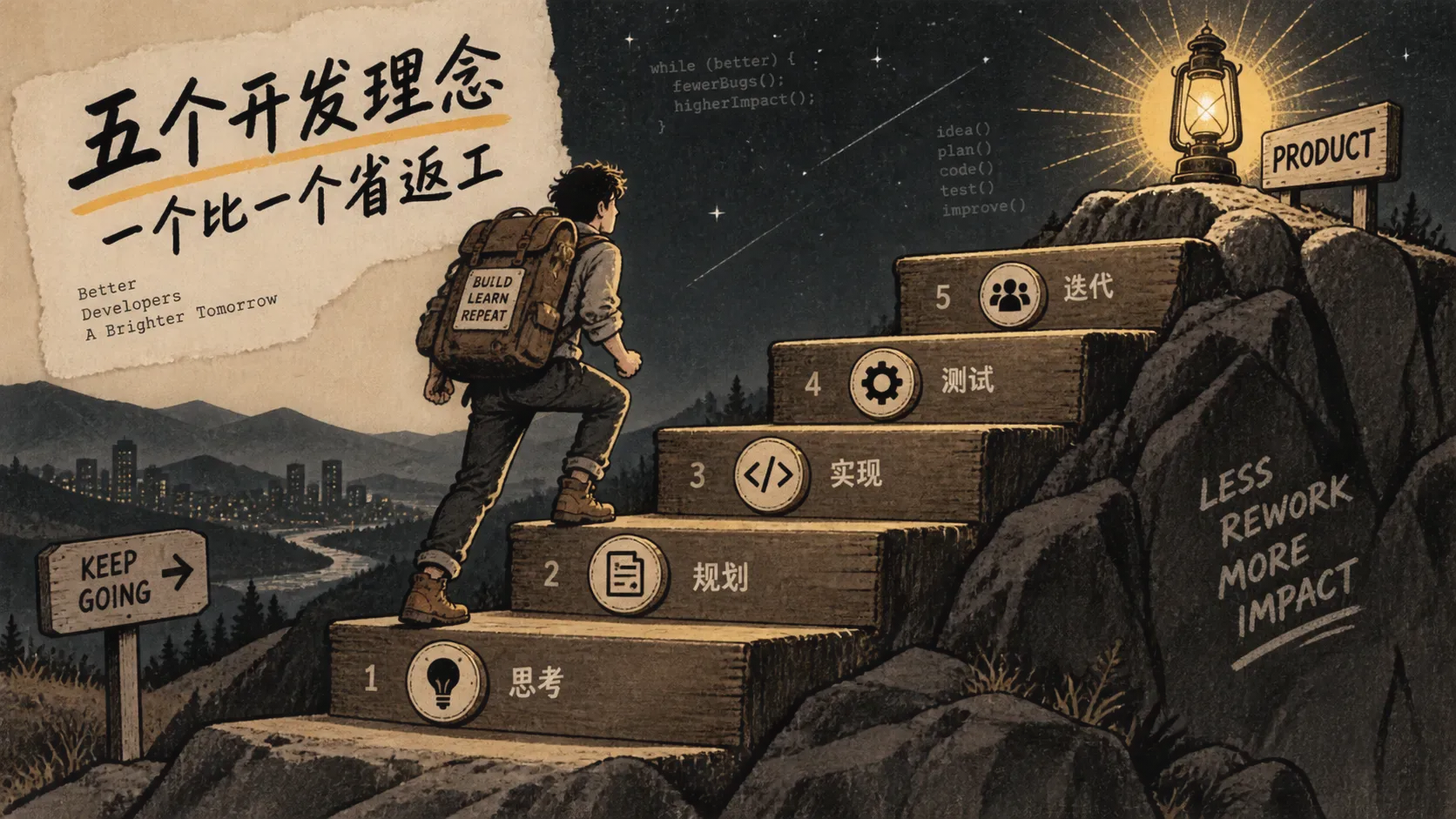 五个开发理念化作五级台阶，开发者拾级而上走向成品之灯的插图