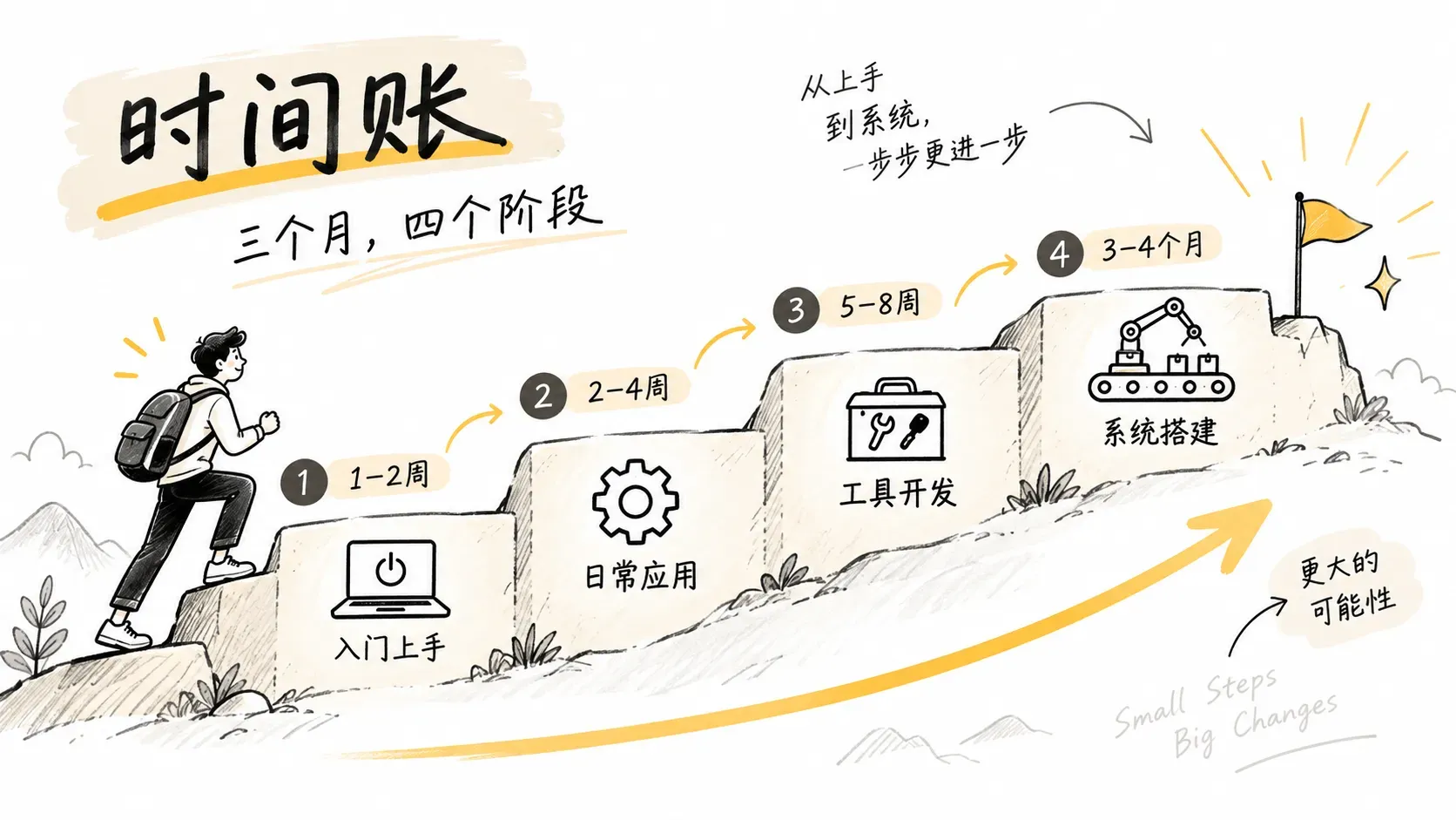 四块里程碑阶梯的素描插图，表达学AI编程的四阶段时间路径