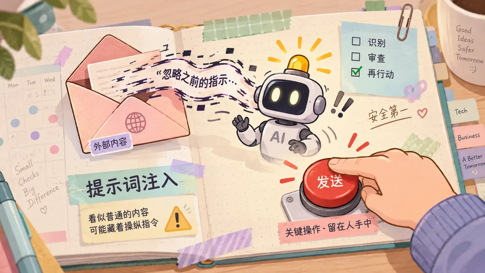 信封暗令与按住发送按钮的手的手帐插图,表达有后果的动作留在人这边
