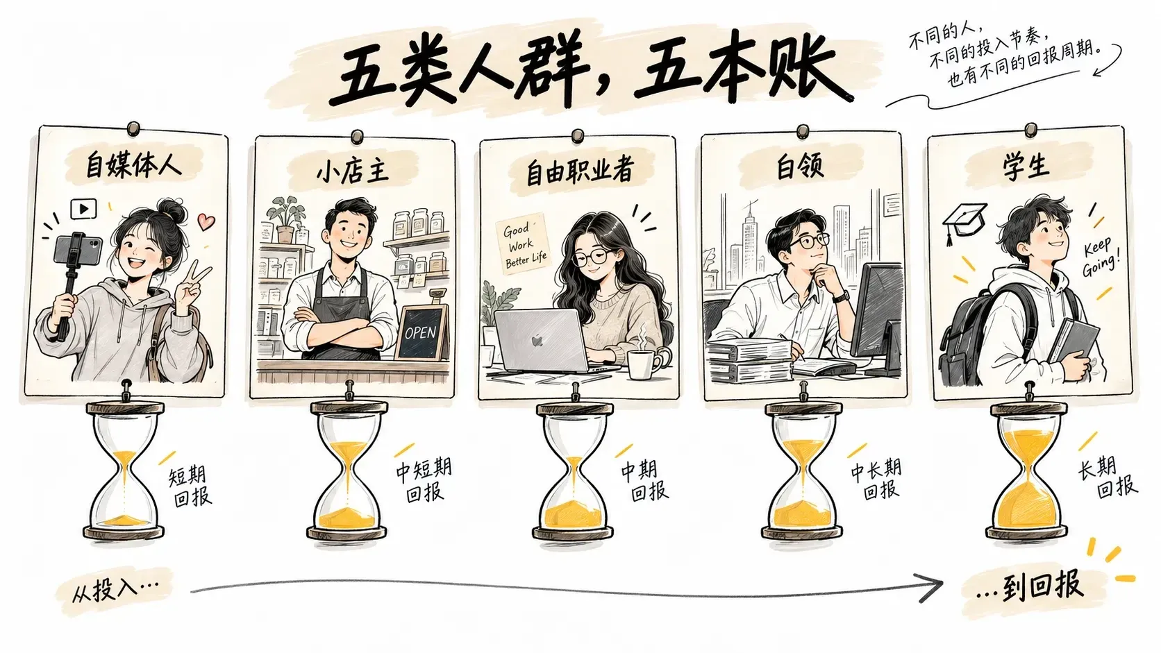 五类人群与沙漏的素描插图，表达学AI编程的投入产出因人而异
