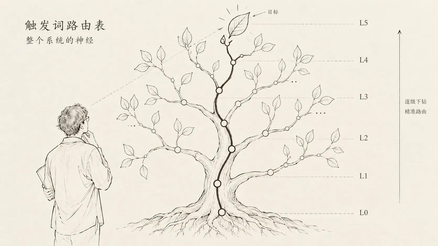 目录树逐级下钻的白描插图,表达CLAUDE.md多级路由架构