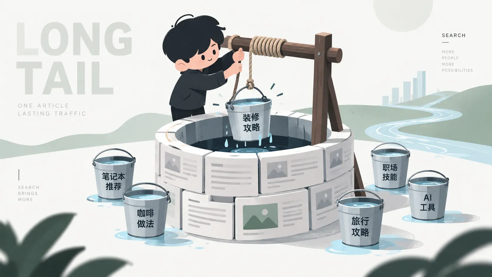 Q版插画，角色从搜索关键词水井中持续打水，表达搜一搜长尾流量