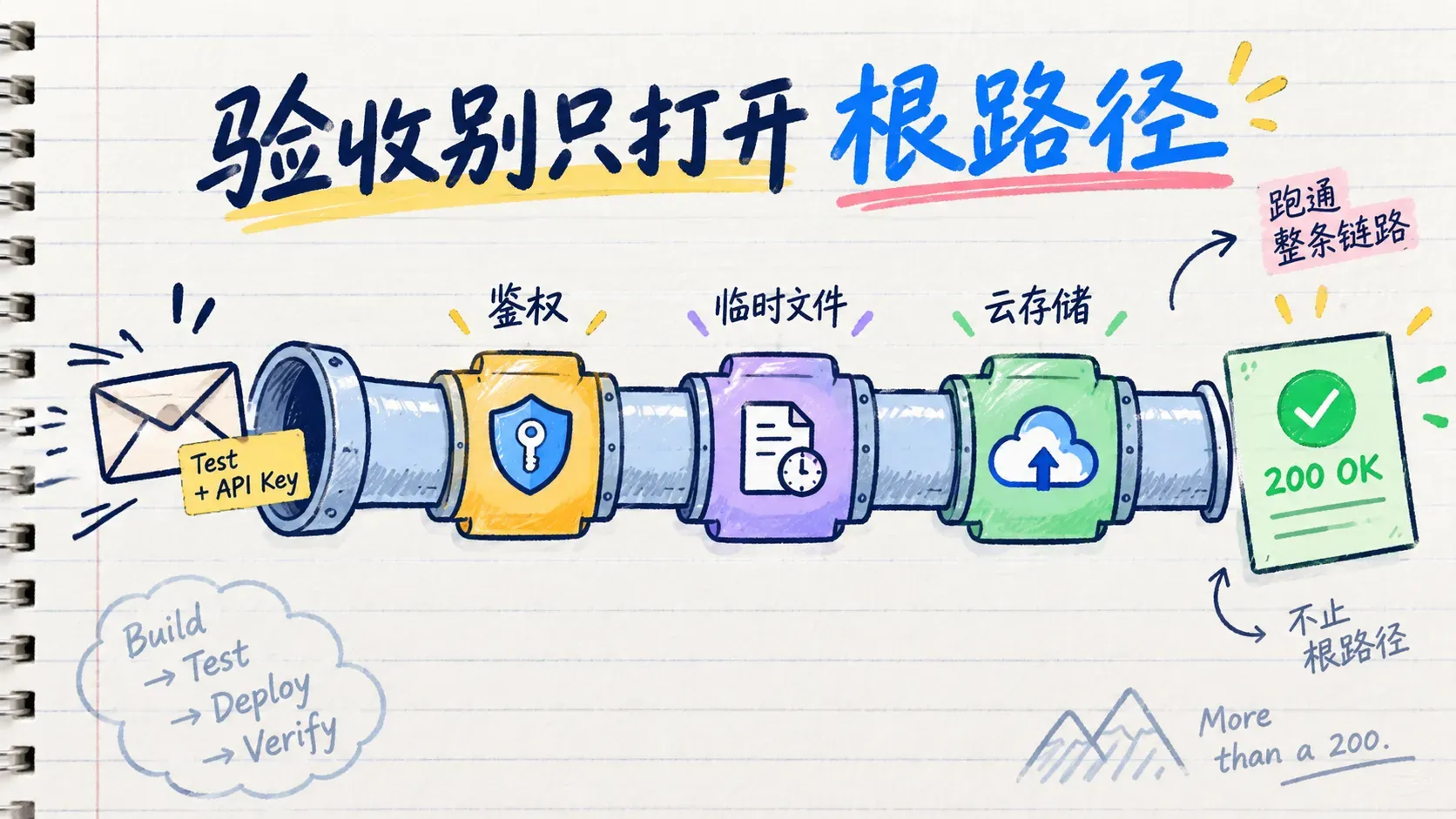 用测试请求验收媒体 API 链路的涂鸦，信封过三道关卡带回执