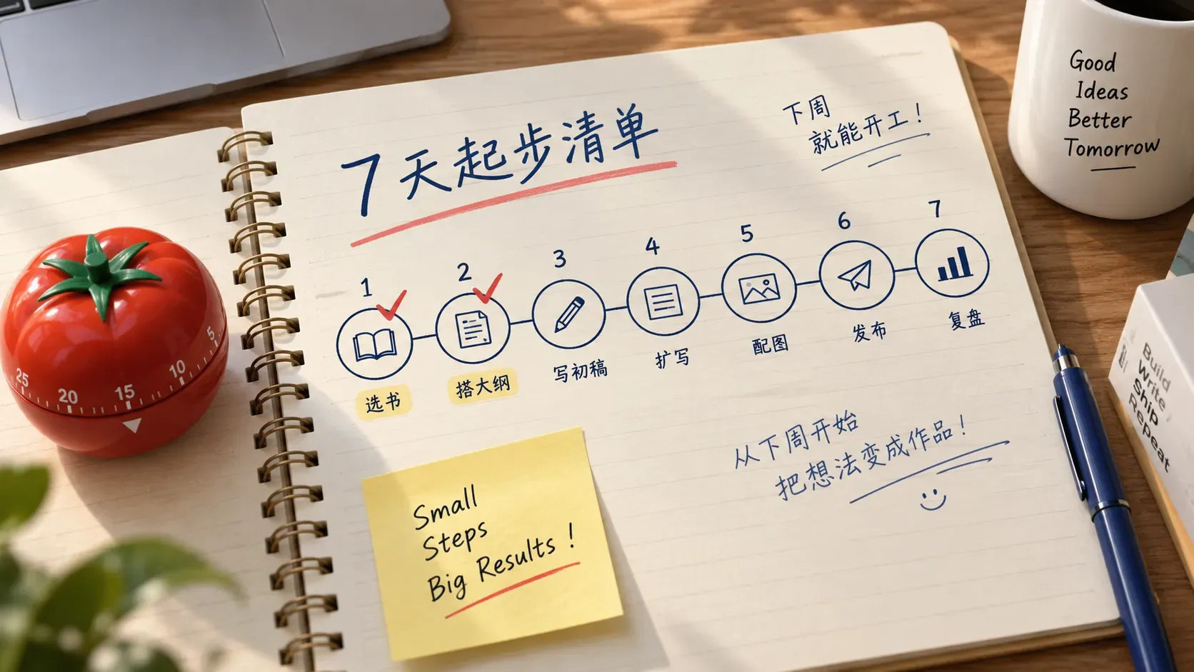 七格进度轨道前两格打勾的手绘插图,表达七天起步清单开跑