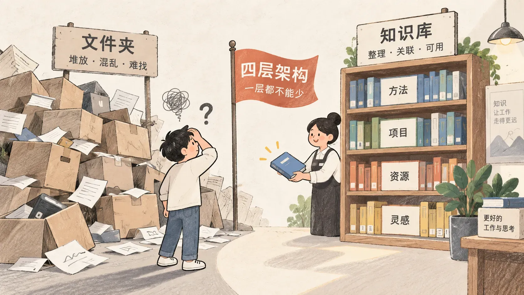 纸箱山与整齐书架对比的手绘插图,表达文件夹与知识库的本质区别