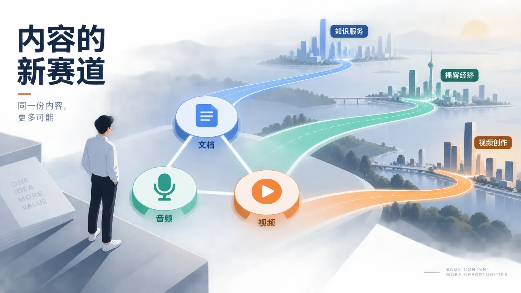 文本音频视频三种素材形态两两连线，织出通往新内容赛道的路径