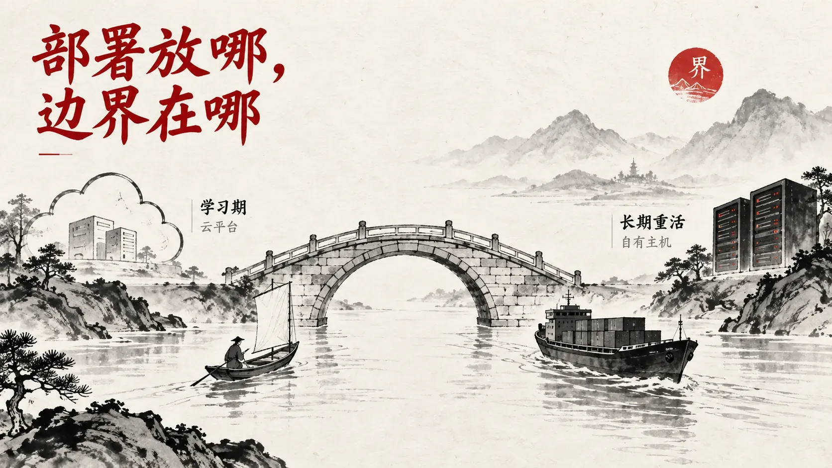 部署边界水墨插图，石桥两岸轻舟与货船各行其道